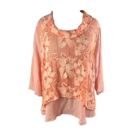 Soft surroundings 3xl layered peach orange embroidered overlay Lagenlook top - Picture 1 of 7